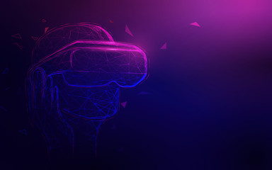 Man wearing virtual reality headset with neon glow from lines, triangles and particle style design. Illustration vector
