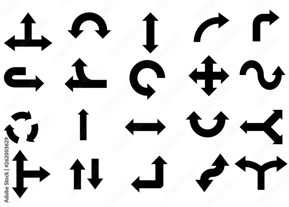 Poster set of black rounded arrows isolated on transparent background. road, navigation or media flat vecto
