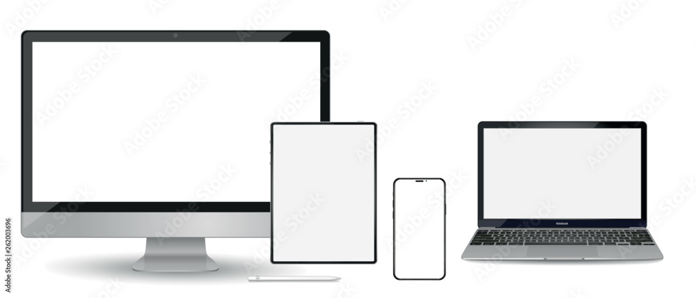 Poster set of modern devices mockups with blank frameless screens: monitor, laptop, tablet computer phone. 