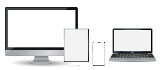 Set of modern devices mockups with blank frameless screens: monitor, laptop, tablet computer phone. Vector illustration - obrazy, fototapety, plakaty