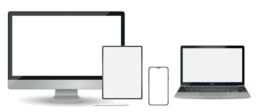 Set of modern devices mockups with blank frameless screens: monitor, laptop, tablet computer phone. Vector illustration