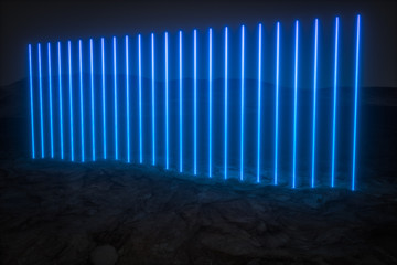 colorful glowing lines with dark mountain background, 3d rendering