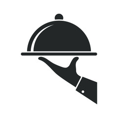 Serving food icon. Sign hand of waiter with serving tray. Waiter serving. Isolated symbol on white background. Vector illustration