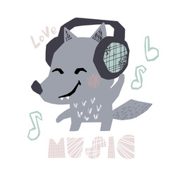 Wolf baby dance with headphones cute print. Sweet wolfling listen to music.