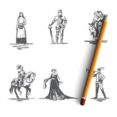 Medieval characters - knight, troubadour, buffon, peasant woman and countess vector concept set