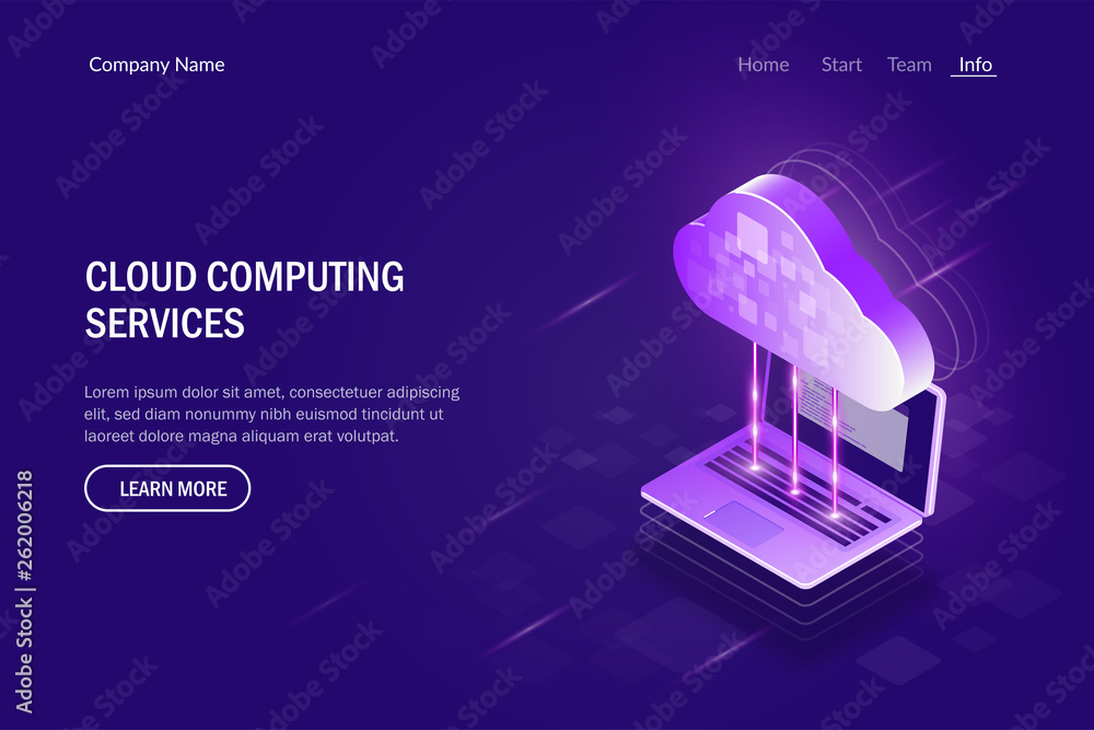 Poster cloud computing services isometric concept. synchronization between laptop and cloud storage. superc