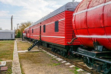 Fototapeta na wymiar Red fire train on the track.