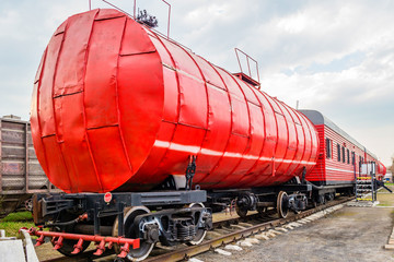 Fototapeta na wymiar Red fire train on the track.