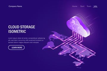 Cloud Storage Concept. Access data from anywhere in the world. 3d isometric illustration on the background world map.