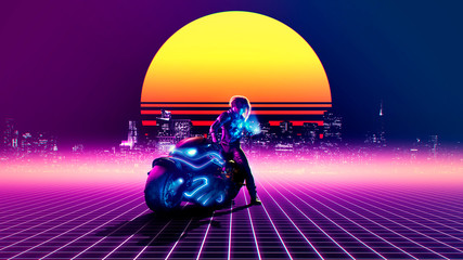 Obraz na płótnie Canvas Retrowave concept - futuristic biker watching phone on a abstract landscape - 3d rendering