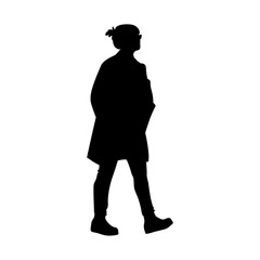 Woman takes a walk. Concept. Vector illustration of silhouette of walking woman. Stencil. Black silhouette isolated on white background. Monochrome minimalism
