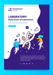 Vector science template with illustration of people with big dna molecule. Laboratory diagnostic service concept with text on blue background.