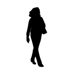Woman taking a walk. Concept. Vector illustration of silhouette of woman in trousers walking somewhere alone. Stencil. Black silhouette isolated on white background. Monochrome minimalism