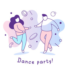 Vector illustration of people in dancing poses on color background. Dance party concept with woman, man, abstract element, text