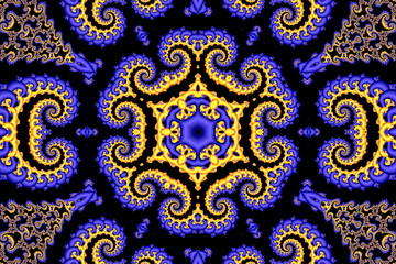 abstract background with a circular ornament in blue and yellow on a black background
