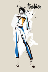 Hand drawn beautiful young woman. Stylish girl. Fashion woman sketch. Fashion model girl.