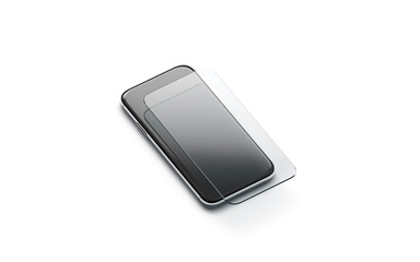 Blank transparent protection glass on phone screen mockup, isolated, 3d rendering. Empty protector...