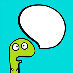 Funny green dino hand drawn illustration with speech bubble illustration in cartoon style