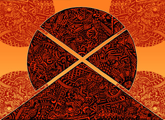 Psychedelic-abstract black and orange triangle-pyramid with abstract black and orange decorative shapes inside the main shape, on 