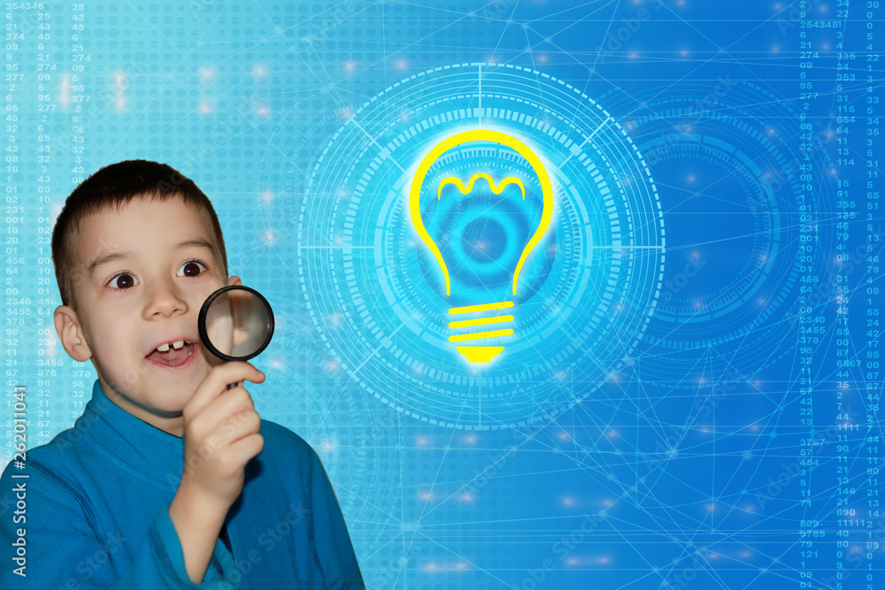 Poster the boy looks through a magnifying glass in surprise at the image of a light bulb as an icon idea on
