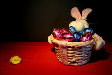 Easter basket with foil eggs on a red cloth. Basket is to the right of the image to allow for text to be placed on the left. There is a small chick on the left of the image.