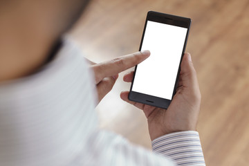 Man using smartphone with blank white screen