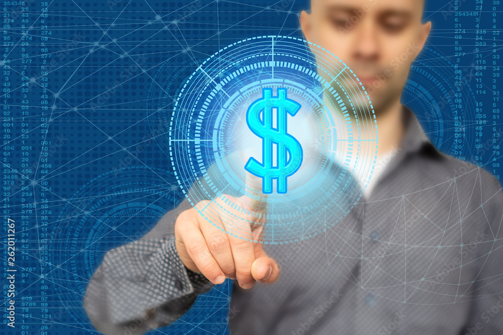 Poster businessman hand using dollar icon on a virtual display, on a technological background, using a netw