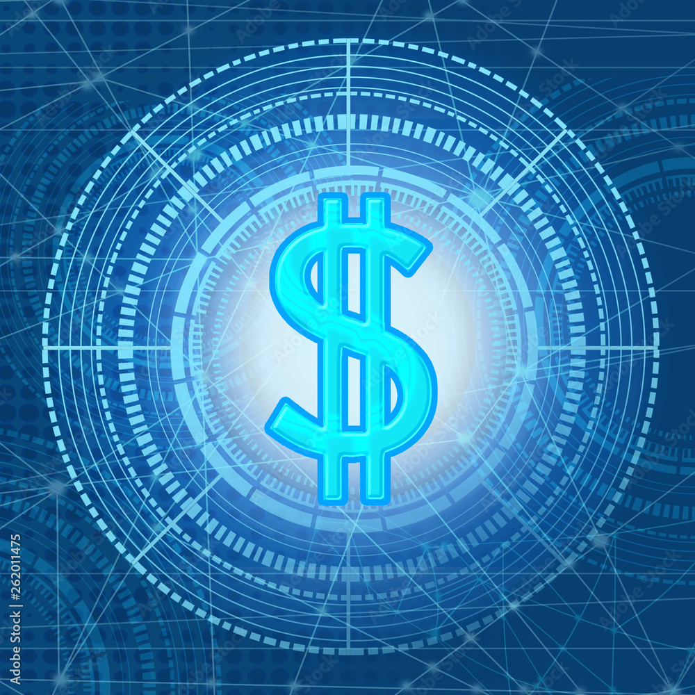 Poster dollar icon on a virtual display, on a technological background, using a network interface, blue bac