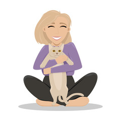 Girl squeezes the cat in his hands. Sitting in Lotus position on the floor. Flat vector illustration.