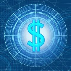 dollar icon on a virtual display, on a technological background, using a network interface, blue background.