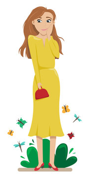 Confused girl with red hair among butterflies. Embarrassment. Shyness. Flat vector illustration.