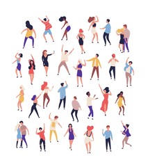 Fototapeta na wymiar Collection of tiny people dancing on dance floor at night club isolated on white background. Joyful men and women having fun at rave, disco party or music festival. Flat cartoon vector illustration.