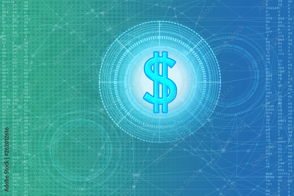 Poster dollar icon on a virtual display, on a technological background, using a network interface, blue bac