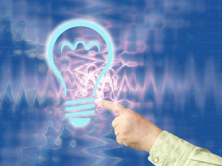 woman hand using light bulb interface icon. 3D rendering on a technological background