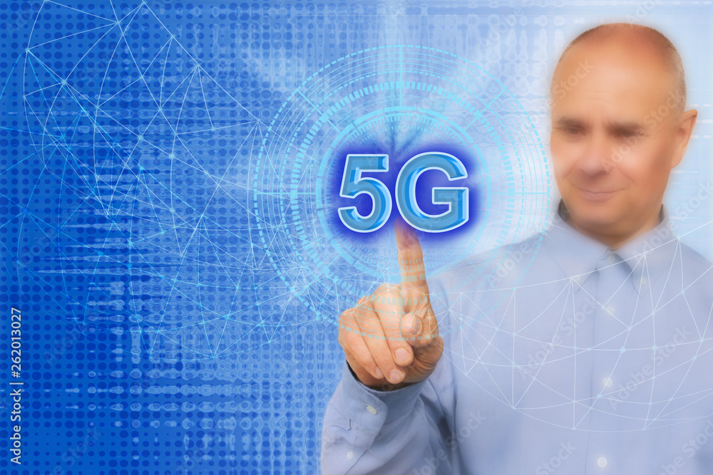 Aufkleber businessman on blurred background using 5g network interface 3d rendering