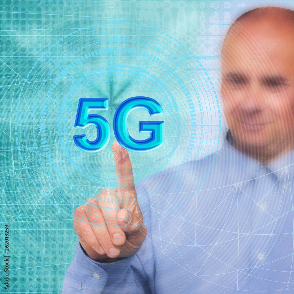 Aufkleber businessman on blurred background using 5g network interface 3d rendering