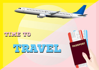 Time to travel banner with passport and tickets. Vector illustration.