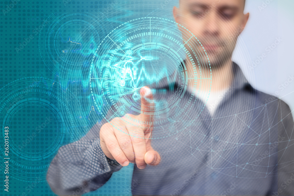 Aufkleber businessman on blurred background using 5g network interface 3d rendering