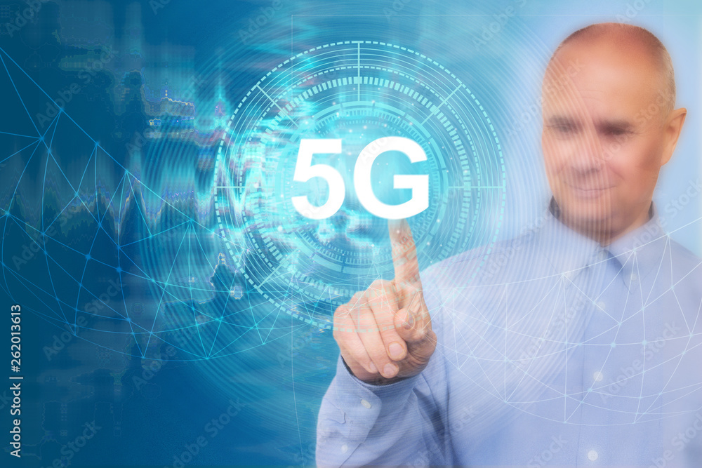 Aufkleber businessman on blurred background using 5g network interface 3d rendering