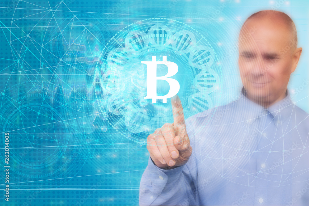 Fototapete using a bitcoin icon on a virtual display, on a technological background, using a network interface,