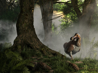 A brown and white dodo bird emerges from the jungle mists.  Dodos are an extinct bird that once inhabited the island of Mauritia.  3D Rendering © Daniel Eskridge