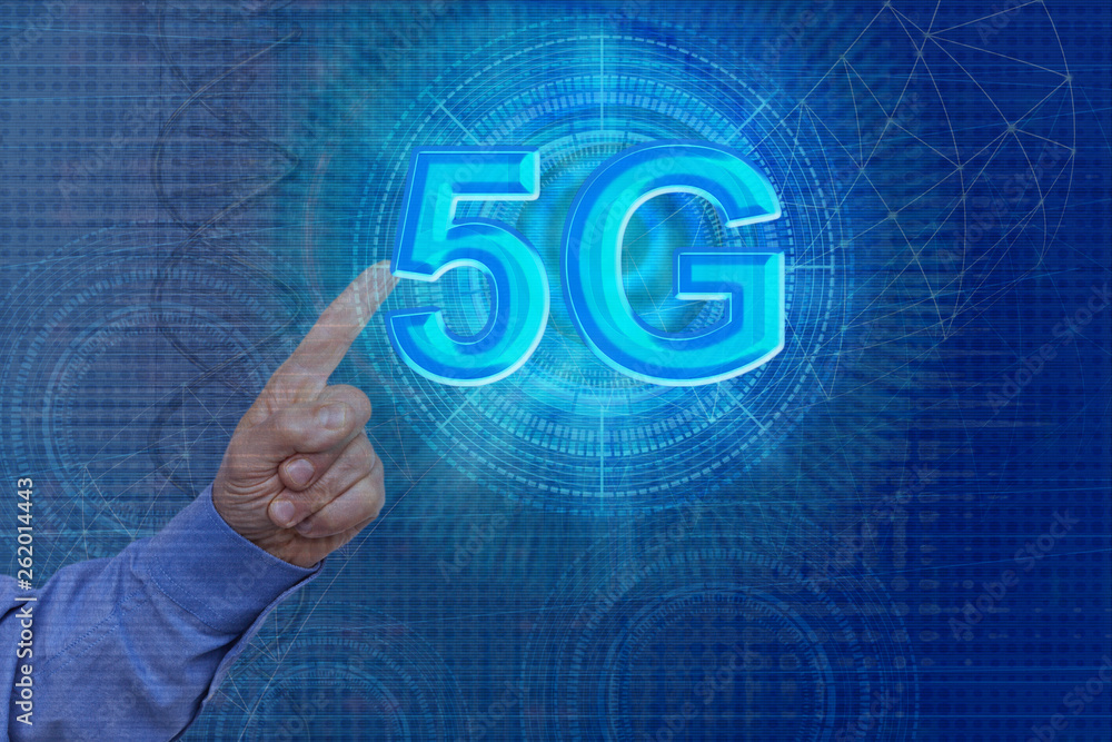 Aufkleber male hand on the technological background, using the network interface, the icon of modern mobile co