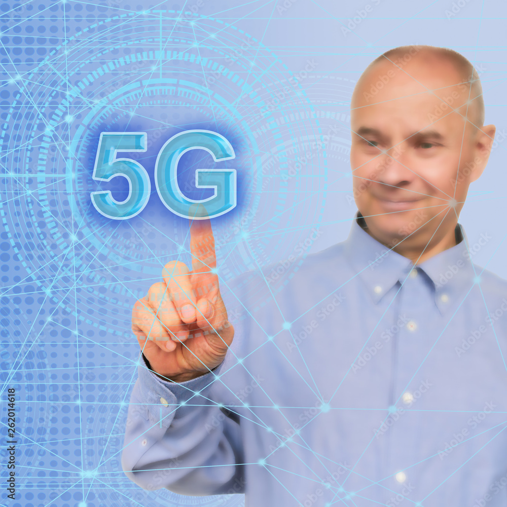 Poster businessman on blurred background using 5g network interface 3d rendering