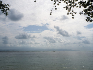 Motor boat on the surface of the sea near the island. Koh Phangan. Thailand