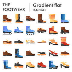 Footwear flat icon set, boots symbols collection, vector sketches, logo illustrations, shoes signs color gradient pictograms package isolated on white background, eps 10.