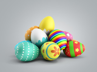 Fototapeta na wymiar Perfect colorful handmade easter eggs 3d render on a grey gradient