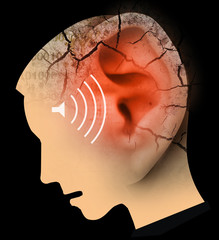 Man with big red cracked ear and head, symbolizing tinnitus and ear problems. Male head stylized profile. Photomontage with dry cracked earth. Concept symbolizing tinnitus, depression and hearing prob