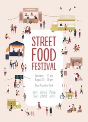 Poster of flyer template for summer street food festival with men and women walking among trucks or stalls, buying homemade meals, eating and drinking. Vector illustration for seasonal event promo.