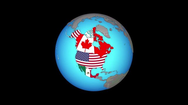 Closing in on NAFTA memeber states with embedded national flags on blue political 3D globe. 3D illustration.