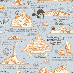 Vector abstract seamless background on the theme of travel, adventure and discovery. Old map with islands, lighthouses, sailboats and nautical symbols with notes, ink blots and stains in vintage style